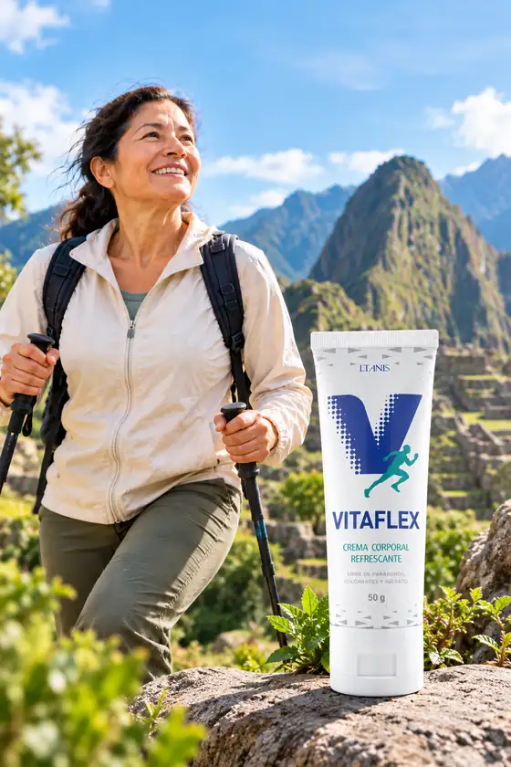 Mujer activa en la montaña junto al tubo de Vitaflex de 50 g