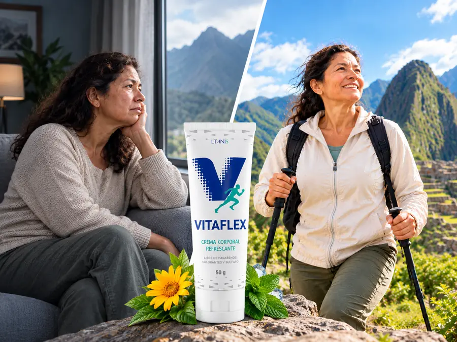 Mujer pensativa en casa y mujer feliz de excursión en los Andes, con el tubo de Vitaflex de 50 g