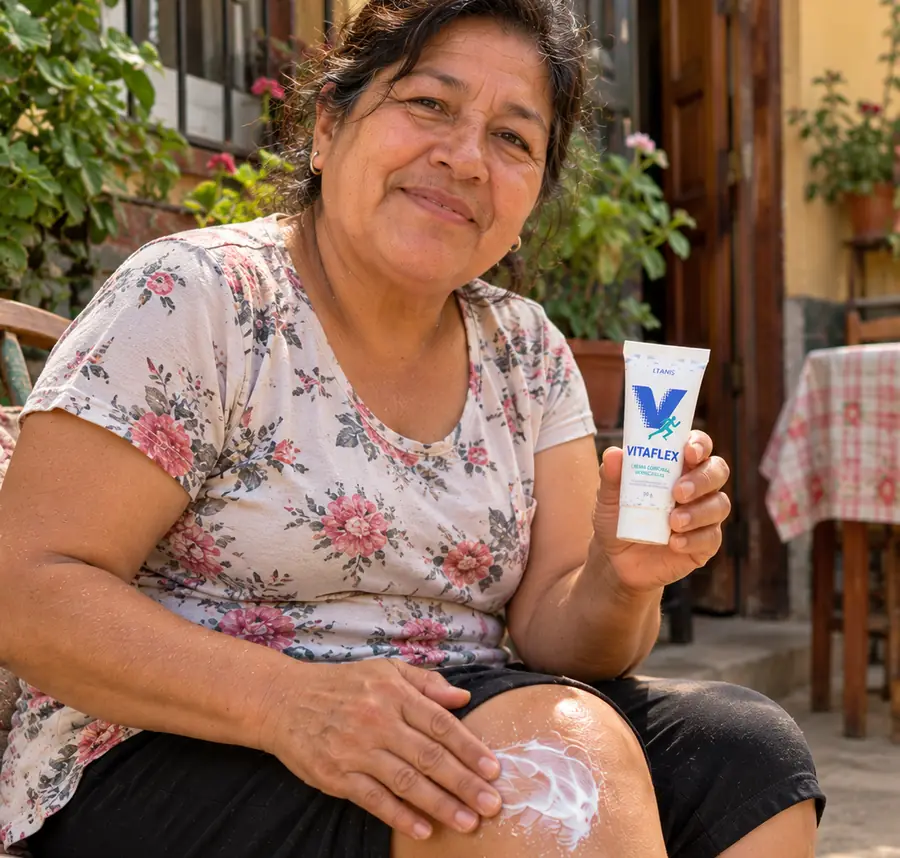 Señora sentada en la puerta de su casa aplicando Vitaflex en la rodilla, con el tubo en la mano