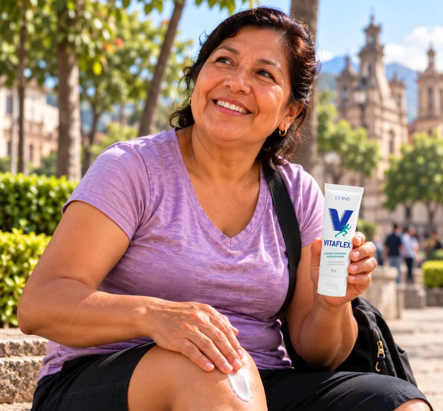 Mujer sonriente en un parque aplicando Vitaflex en la rodilla, con el tubo de 50 g en la mano